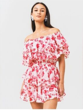 Misa Los Angeles Pink and White Floral Off-Shoulder Ruffled Mini Dress